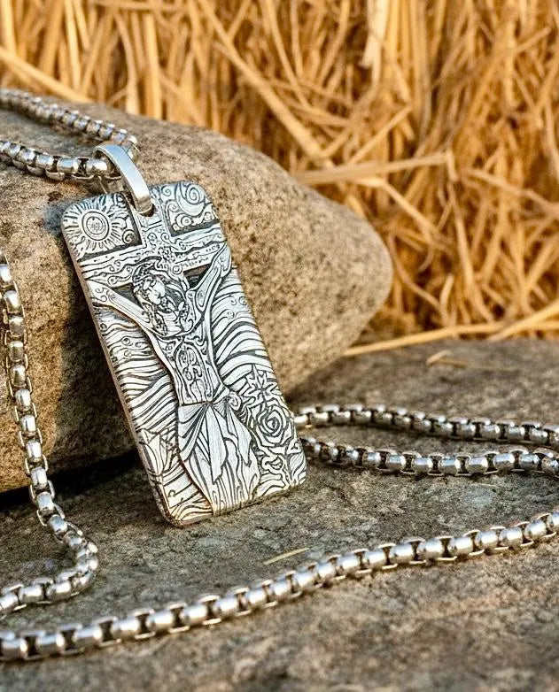 solid sterling silver engraved s999 dog tag jesus image crucifix cross necklace biker waterproof medallion mens christian jewelry