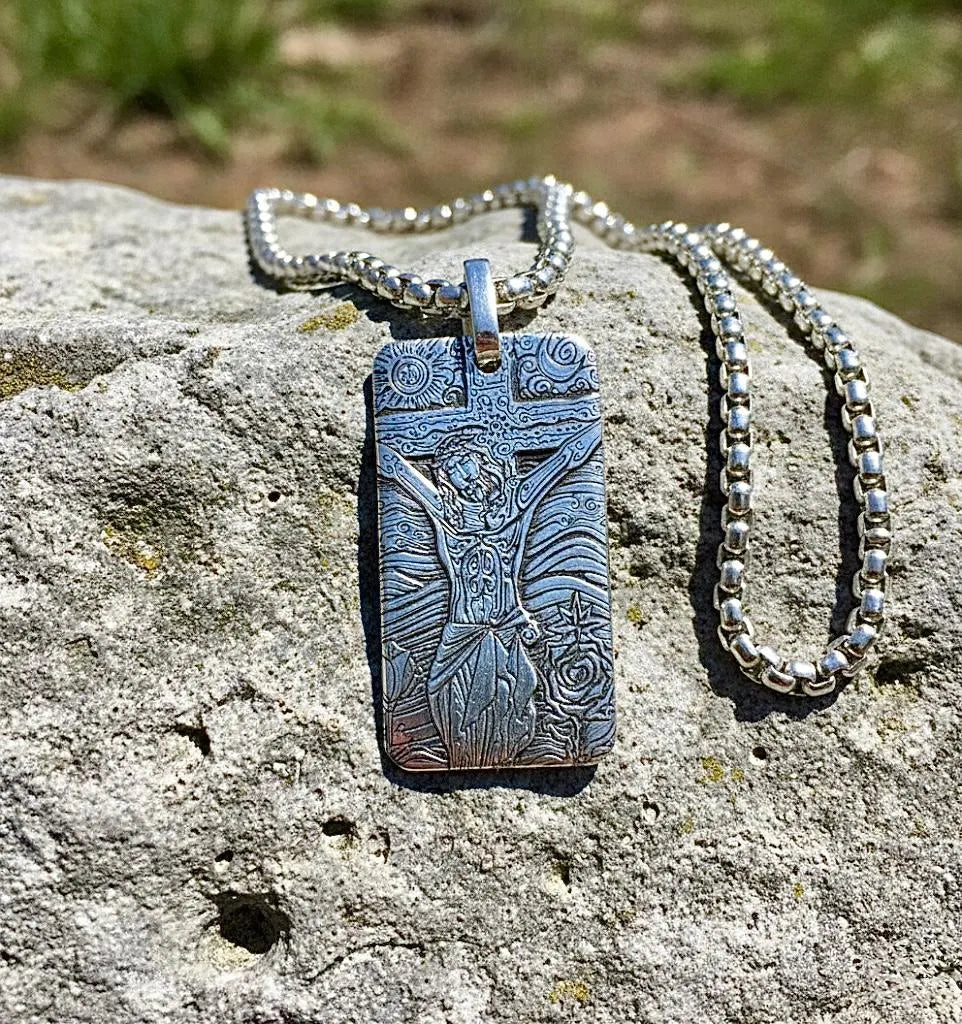 solid sterling silver engraved s999 dog tag jesus image crucifix cross necklace biker waterproof medallion mens christian jewelry