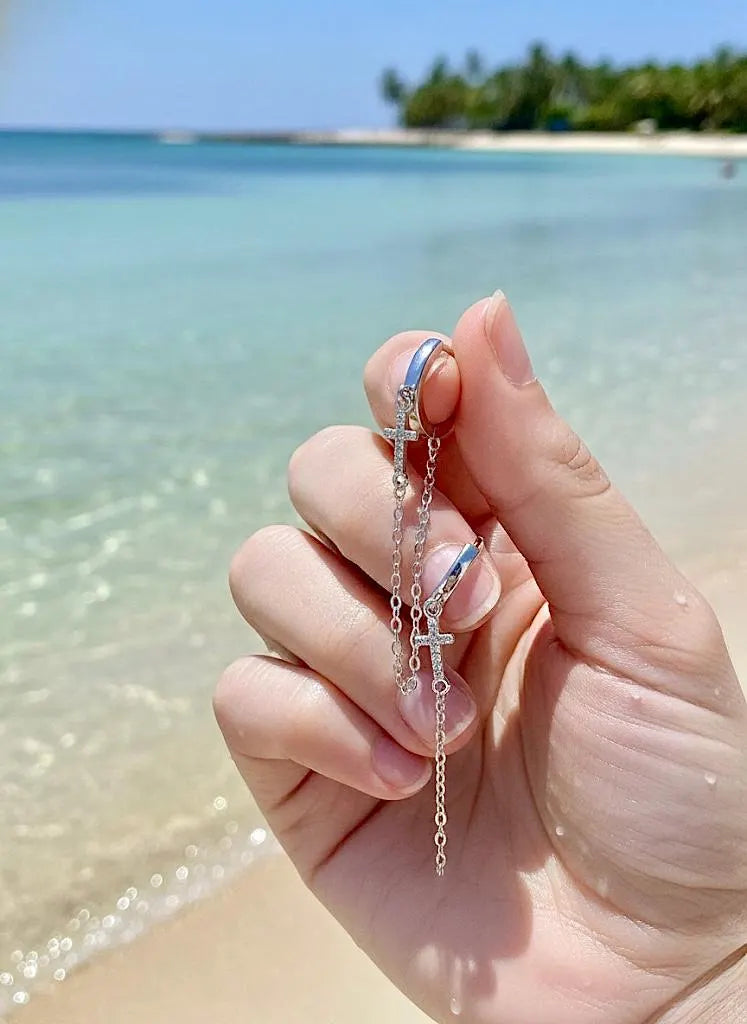 Solid Sterling Silver CZ Chain Earrings Cross Cuff Stud Brilliant Color Hypoallergenic Small Women Girls Swag Weddings Bridesmaid jewelry