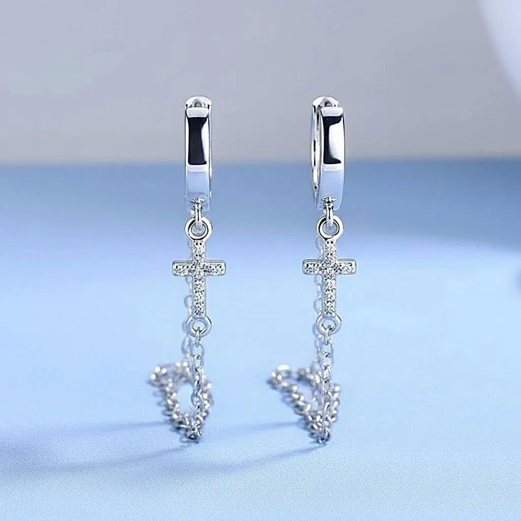 Solid Sterling Silver CZ Chain Earrings Cross Cuff Stud Brilliant Color Hypoallergenic Small Women Girls Swag Weddings Bridesmaid jewelry
