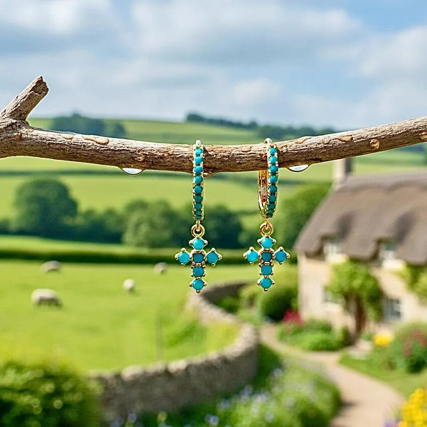Turquoise Cross Hoop Earrings Gold over Solid Sterling Silver Classic Western Style Crosses of Jesus Jewelry Modern Wedding Woman