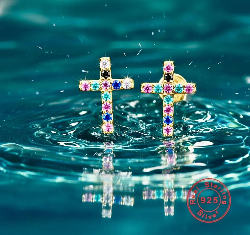 Sterling Silver Cross Earrings Stud Super Tiny Dainty Petite with Crystal Inlayed Zircon CZ Wedding for Girls jewelry bridesmaids jewellery
