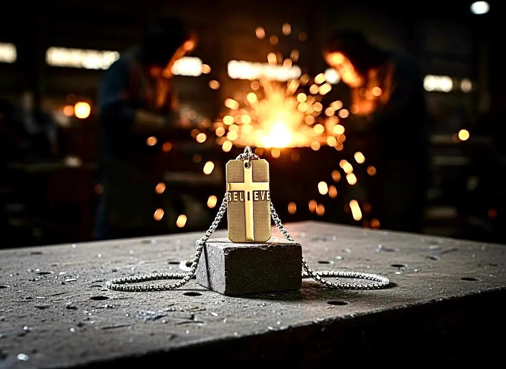 Solid brass BELIEVE dog tag cross necklace pendant detail engraved cross hatch biker heavy box chain jewelry