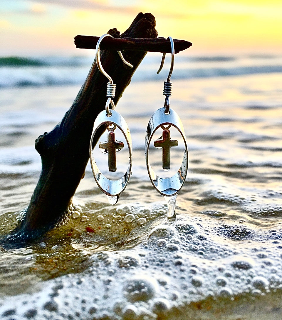 Tiny Silver Cross Earrings Hoop Small Drop Dangle Womans Girls Christian Jewelry Jewellery