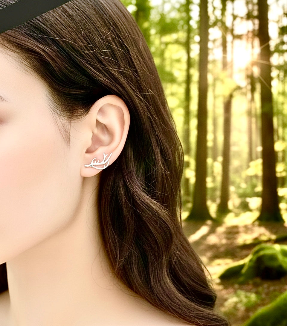 Silver Elk Deer Antlers Earrings Sideways Ear Climber Stud Hikers Wanderlust Bikers Minimalist Stainless Steel Hypoallergenic Outdoor Enthusiasts