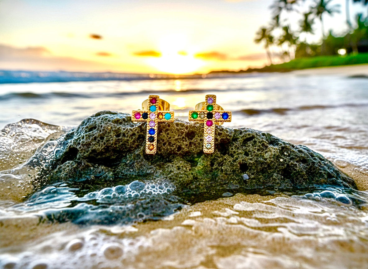 Dainty Gold Cross Earring with Multi Color inlayed Zircons