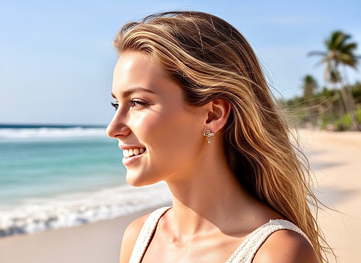 Dainty Gold Cross Earring with Multi Color inlayed Zircons