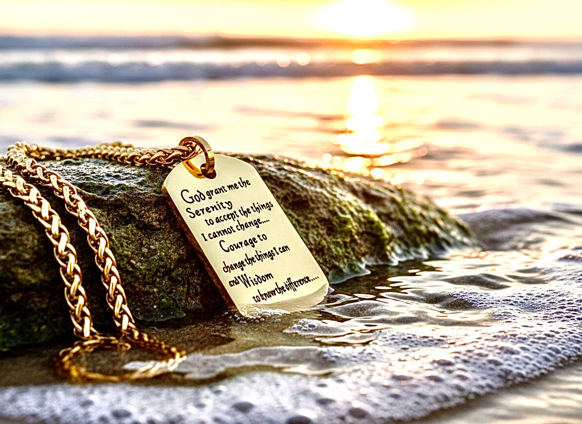 Serenity Prayer Necklace Inset Black Lettering Dog Tag Silver Gold Exclusive Design Pendant for Mens Boys Christian Jewelry Jewellery