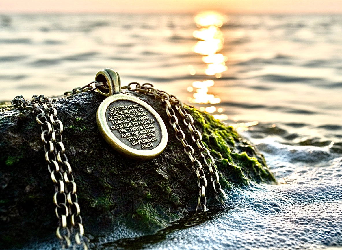 Bronzed Serenity Prayer Necklace Medal Tag Cross Brass Link Chain Crazy Design Pendant for Mens Boys Christian Jewelry