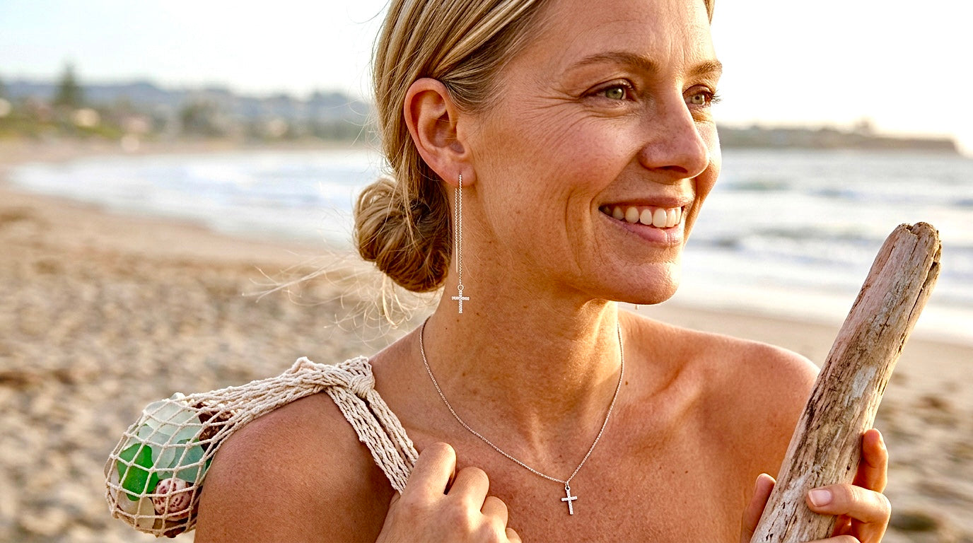 Silver Chain Cross Earrings with box chain through the earlobe design