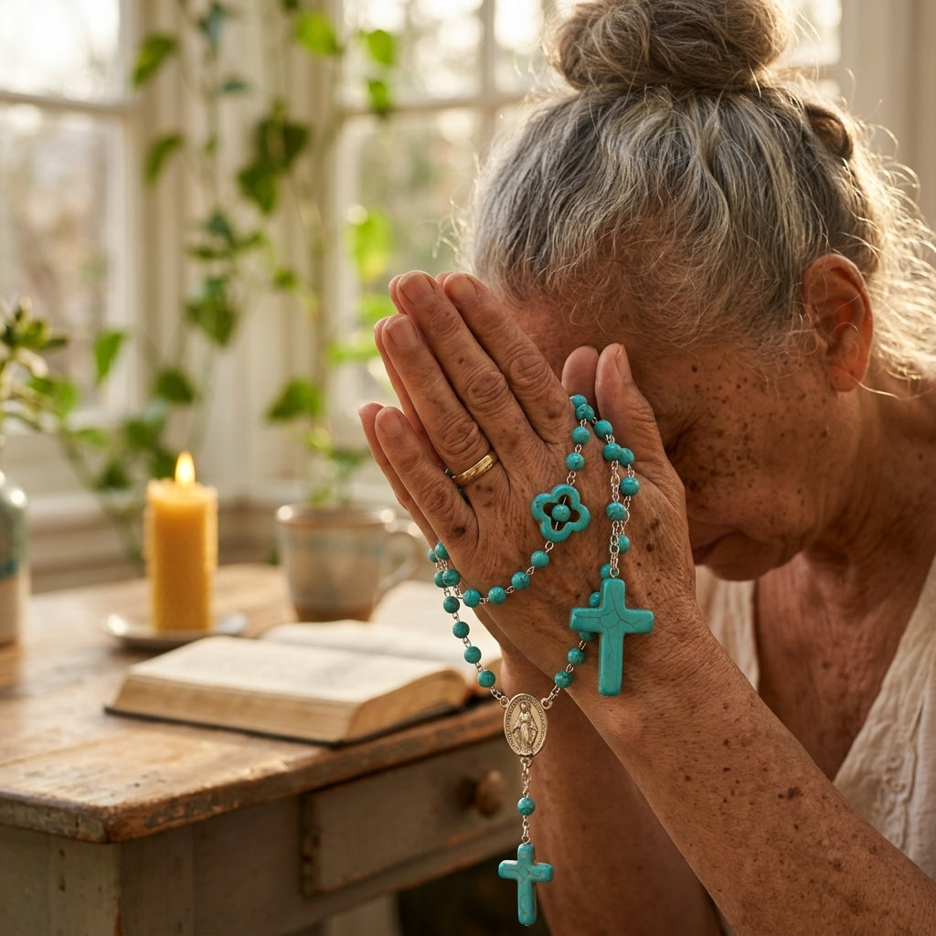Rosary Natural Stone Crucifix Necklace Catholic 5 Decade Turquoise Prayer Beads Virgin Mary Pendant Orthodox Catholic Cross Round Beaded