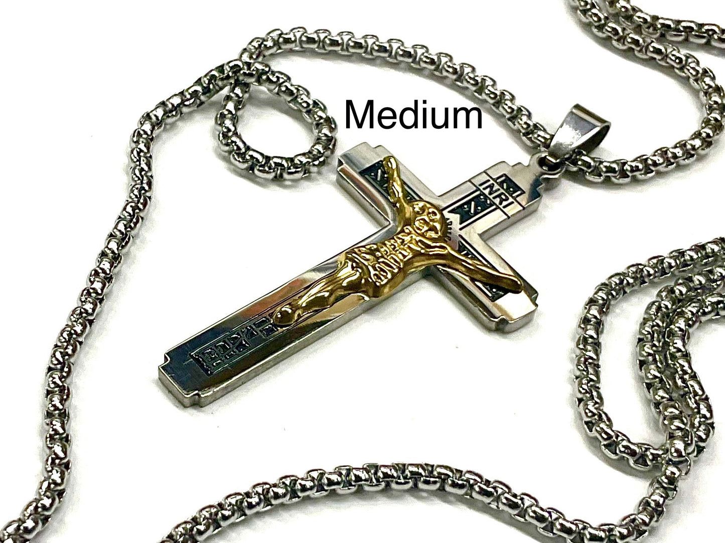 Large gothic crucifix cross necklace for men silver and gold heavy stainless steel waterproof thick curb chain jewellry INRI Jesus
