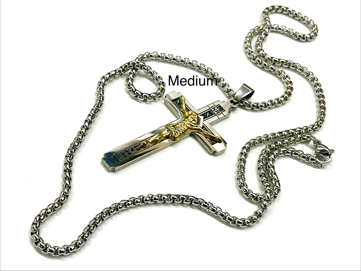 Large gothic crucifix cross necklace for men silver and gold heavy stainless steel waterproof thick curb chain jewellry INRI Jesus