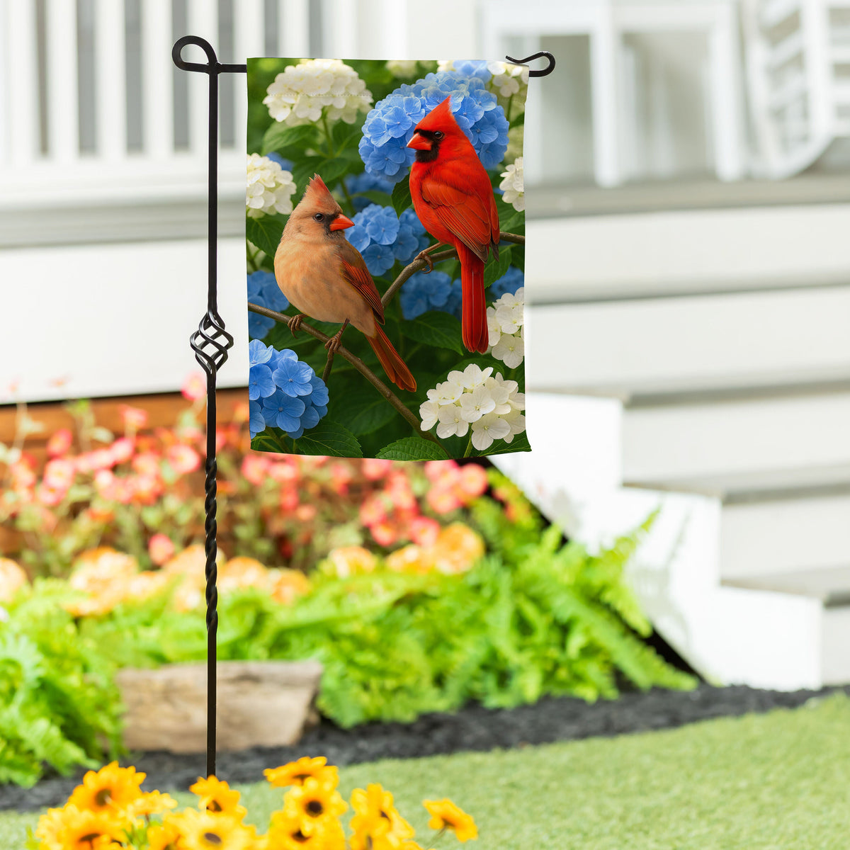 Cardinal Couple Among Hydrangeas Suede Garden Flag