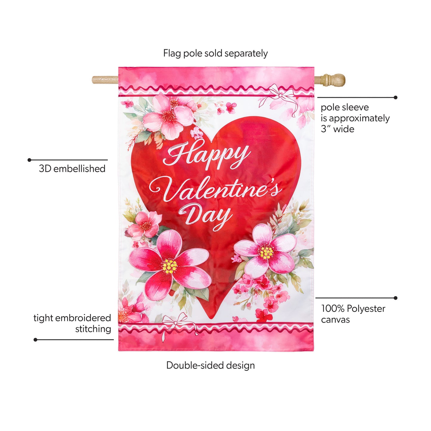 Happy Valentine’s Day Heart Applique House Flag