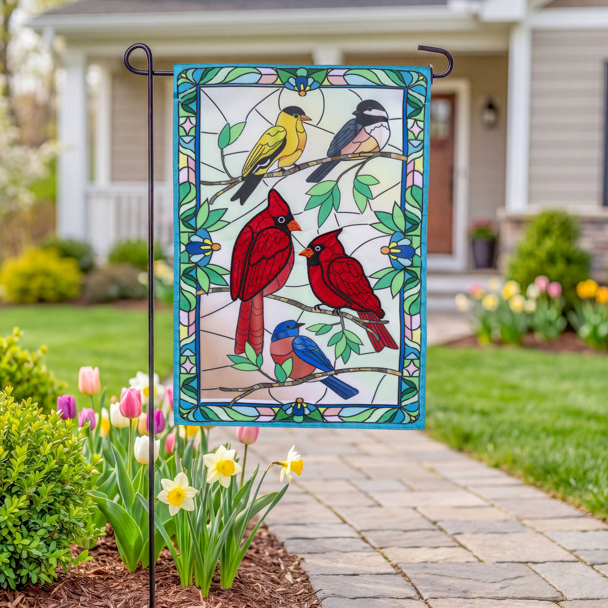 Stained Glass Songbirds Applique Garden Flag
