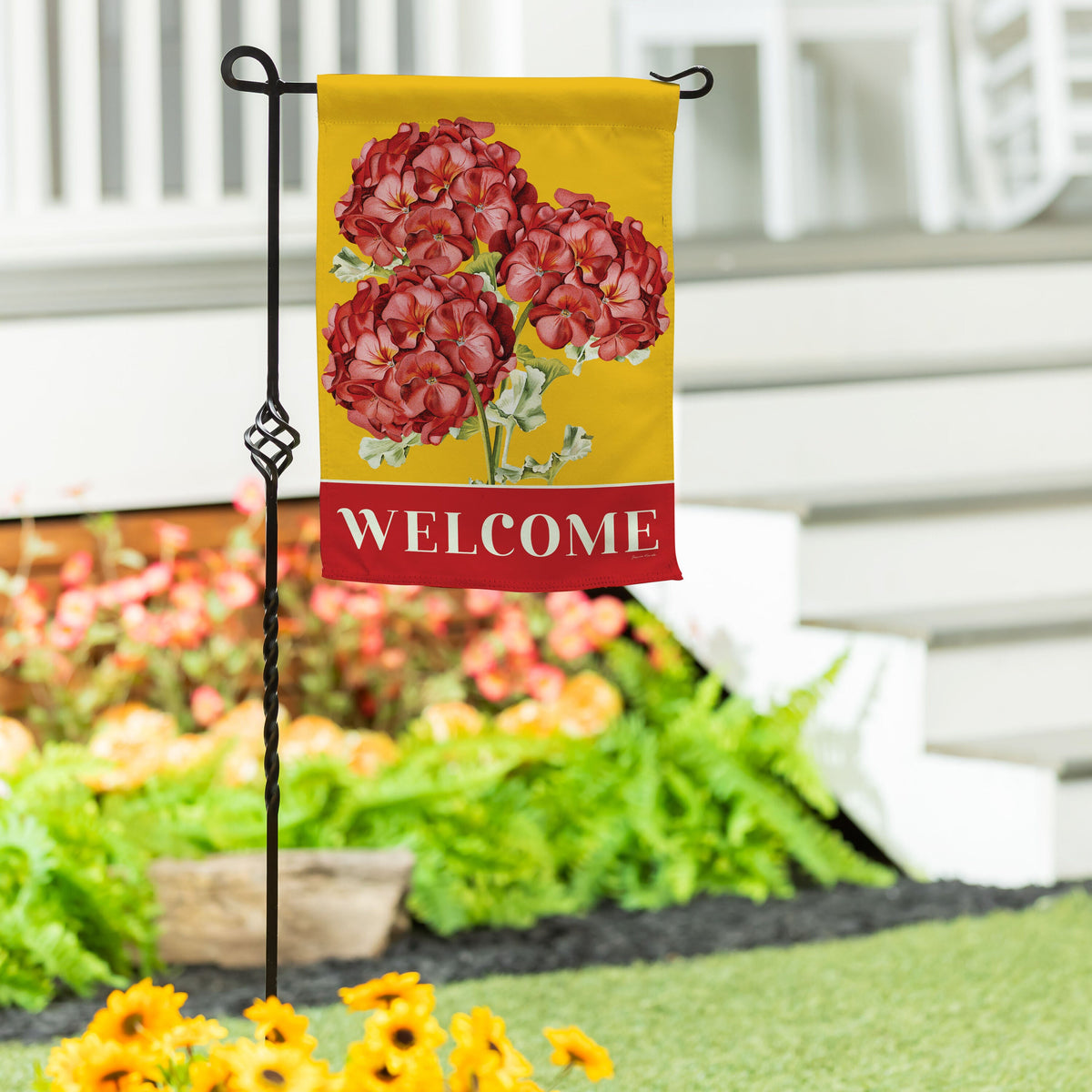 Red Vibrant Geraniums Suede Garden Flag