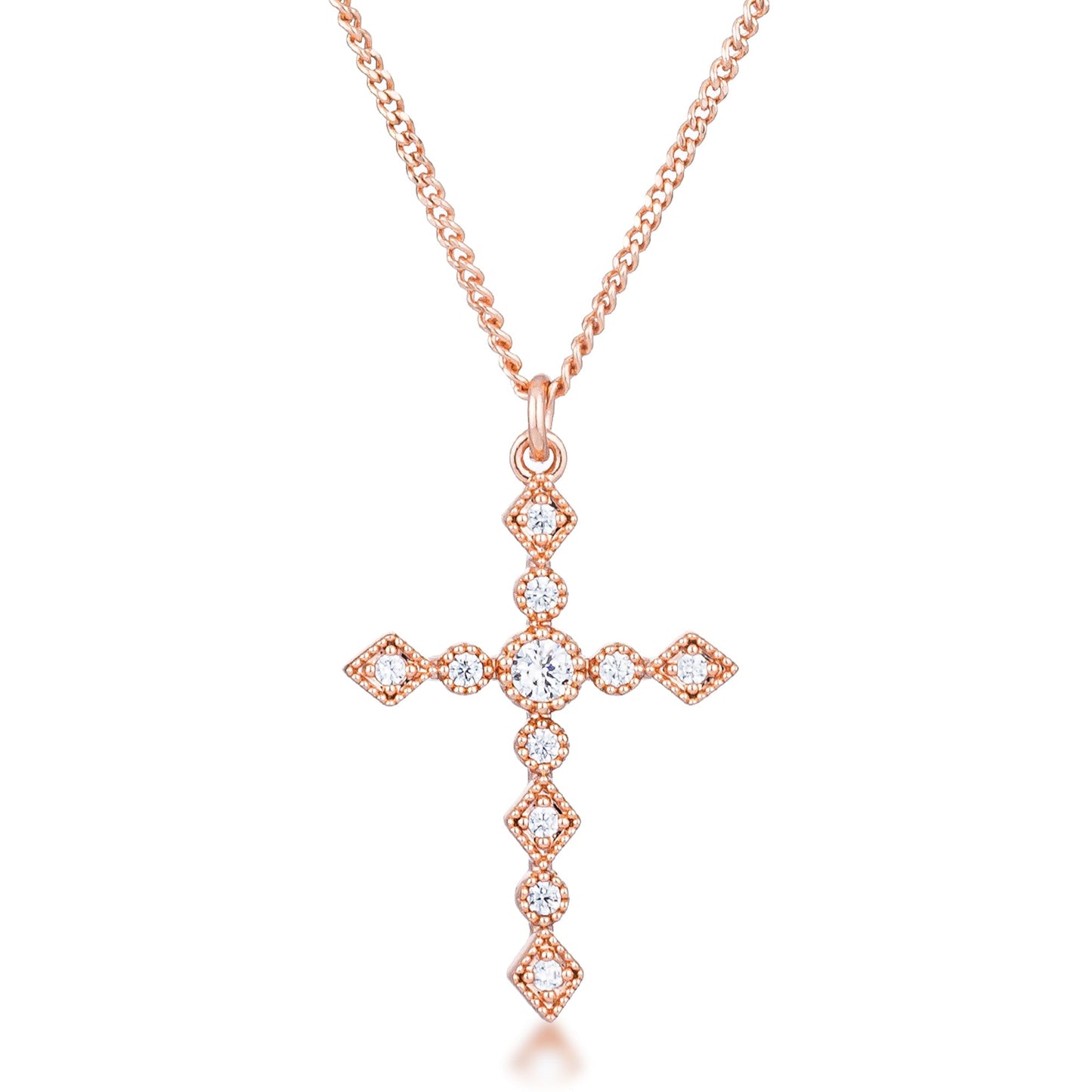 Avera Dainty Art Deco Plated CZ Cross Pendant - Pink Stone