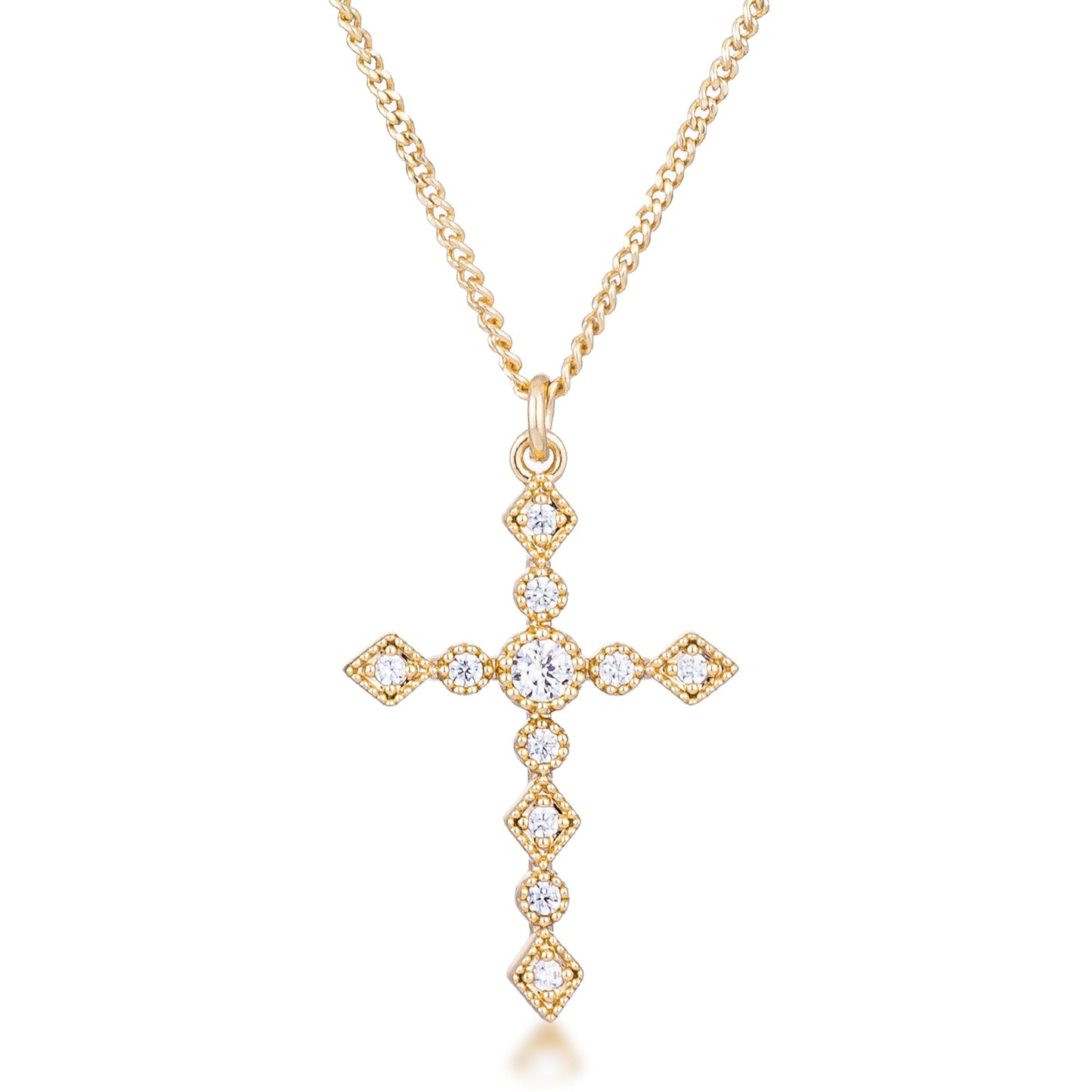 Avera Dainty Art Deco Plated CZ Cross Pendant - Pink Stone