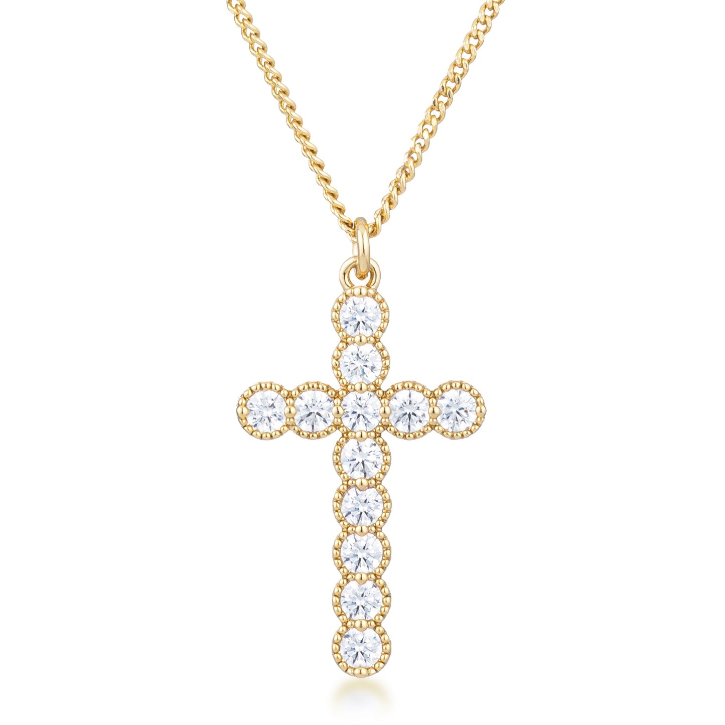 Avera Micro Beaded Plated CZ Cross Pendant Necklace