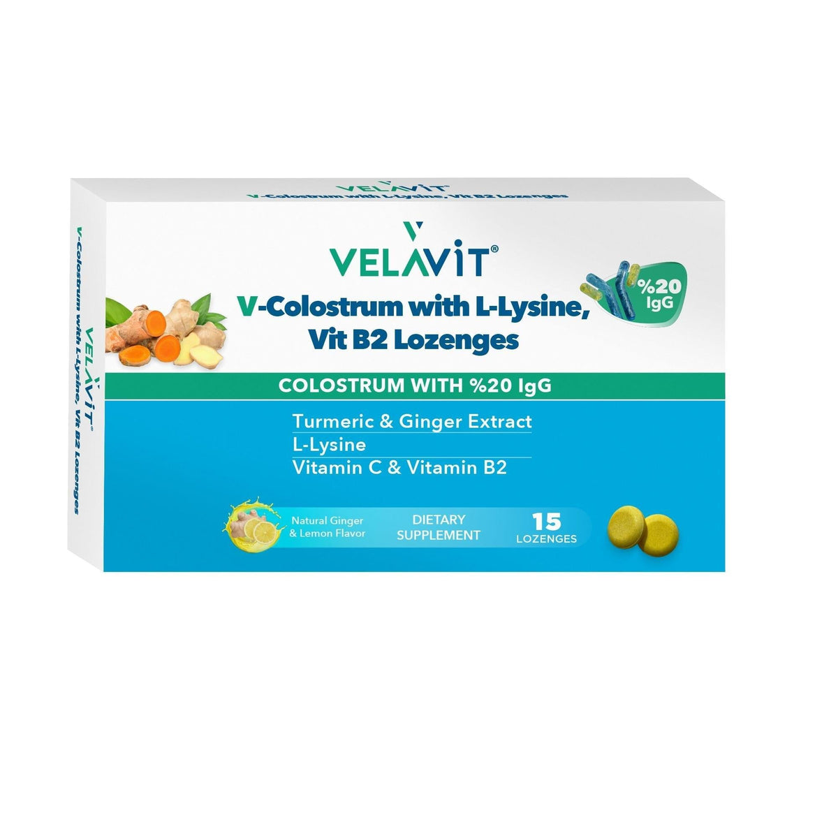 Velavit - Immune Boosting Colostrum Pastilles with L-Lysine & Vitamin B2 - Sugar-Free, Ginger & Lemon Flavored