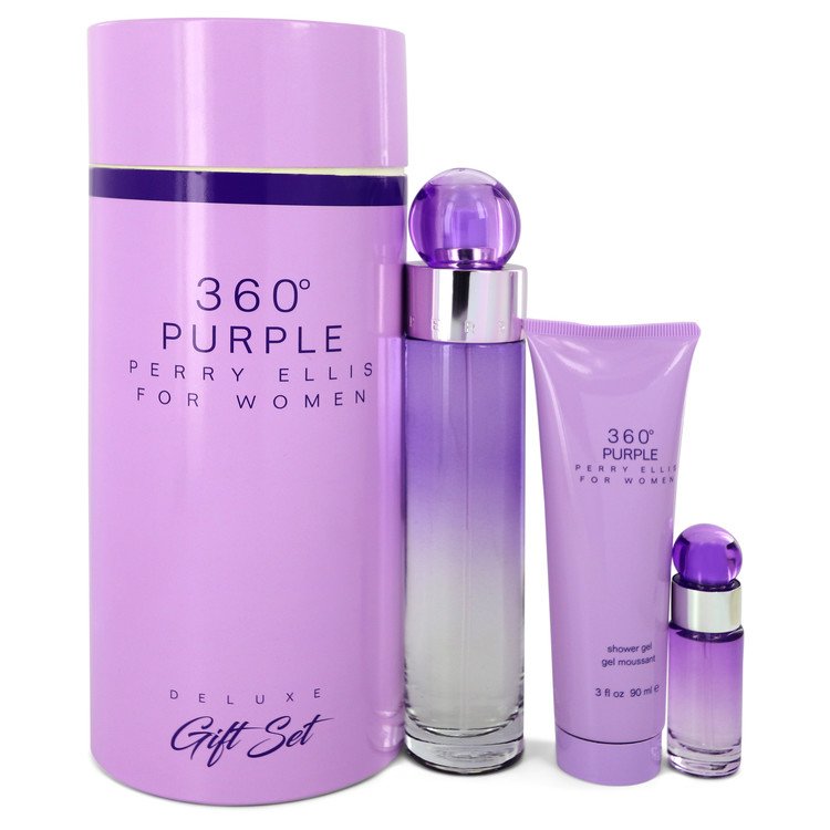 Perry Ellis 360 Purple by Perry Ellis Gift Set 3.4 oz Eau De Parfum Spray + .25 oz Mini EDP Spray + 3 oz Shower Gel for Women