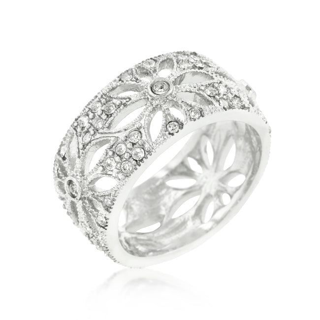 Avera Crystal Floral Filigree Band Ring In Silver Tone