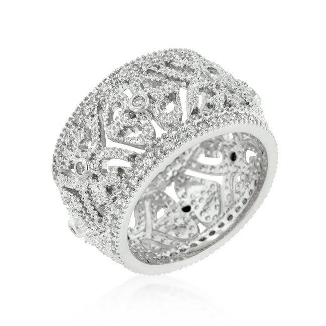 Avera Filigree Crest Eternity Ring in Polished Silver Finish