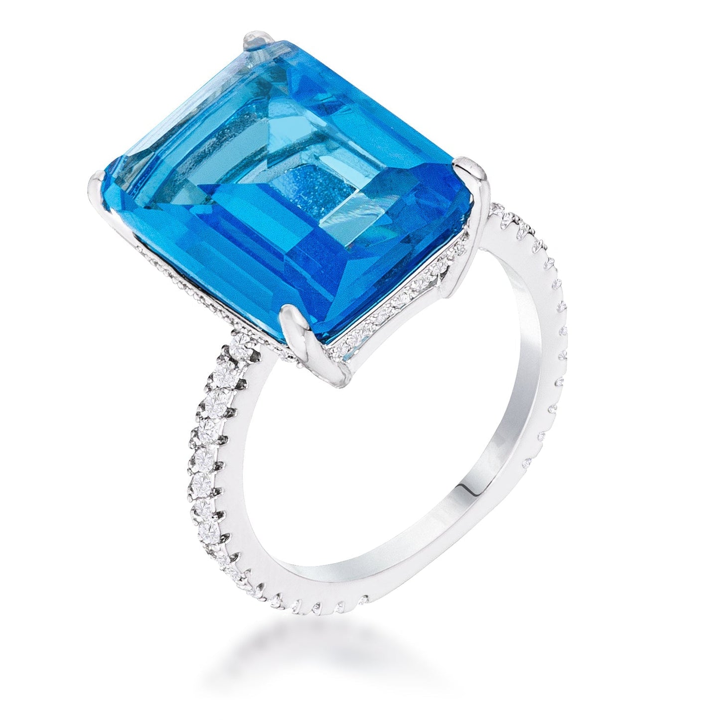 Avera 15Ct Plated Emerald Cut Pave Ring With Blue Stone