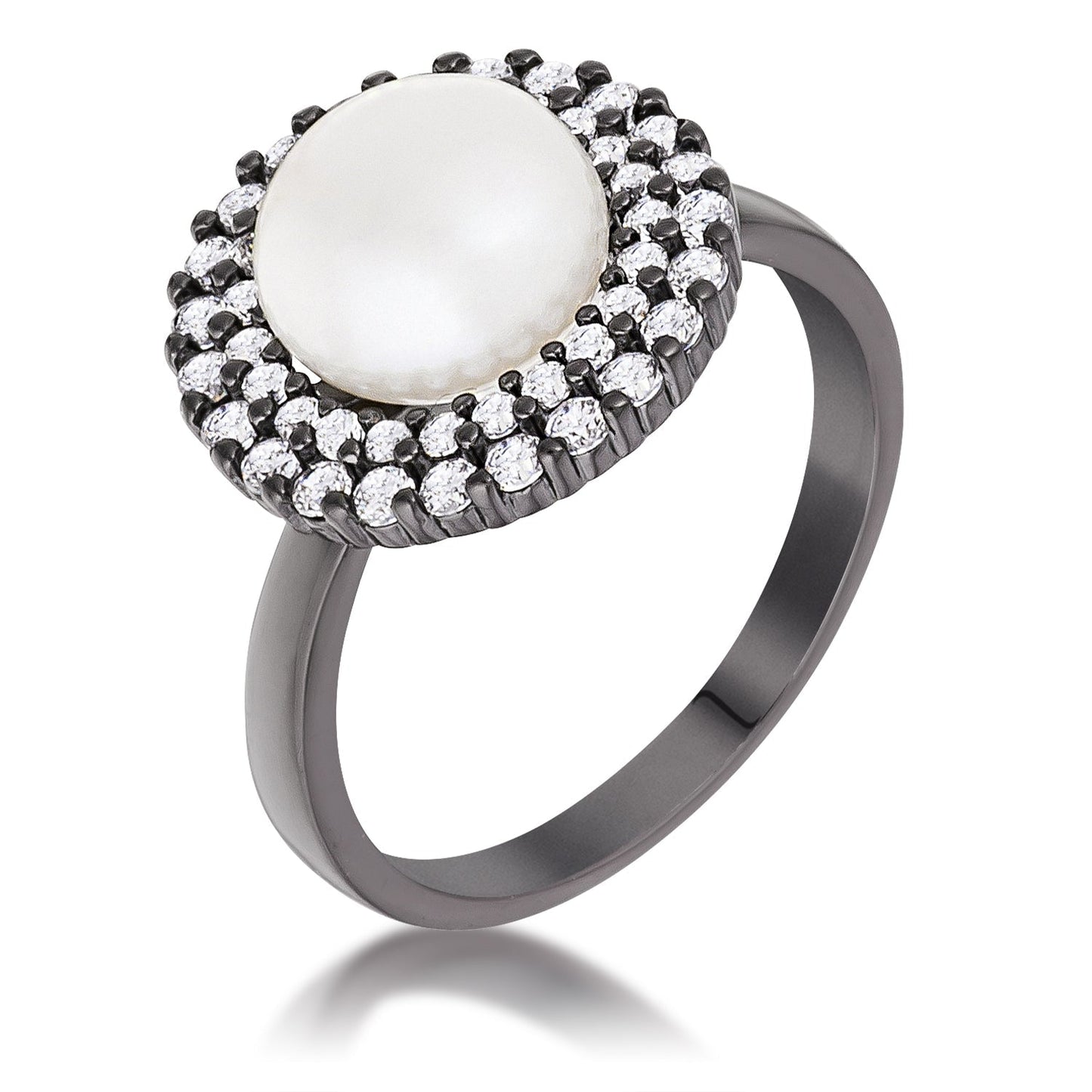 Avera Hematite Double Halo Ethereal Pearl Cocktail Ring