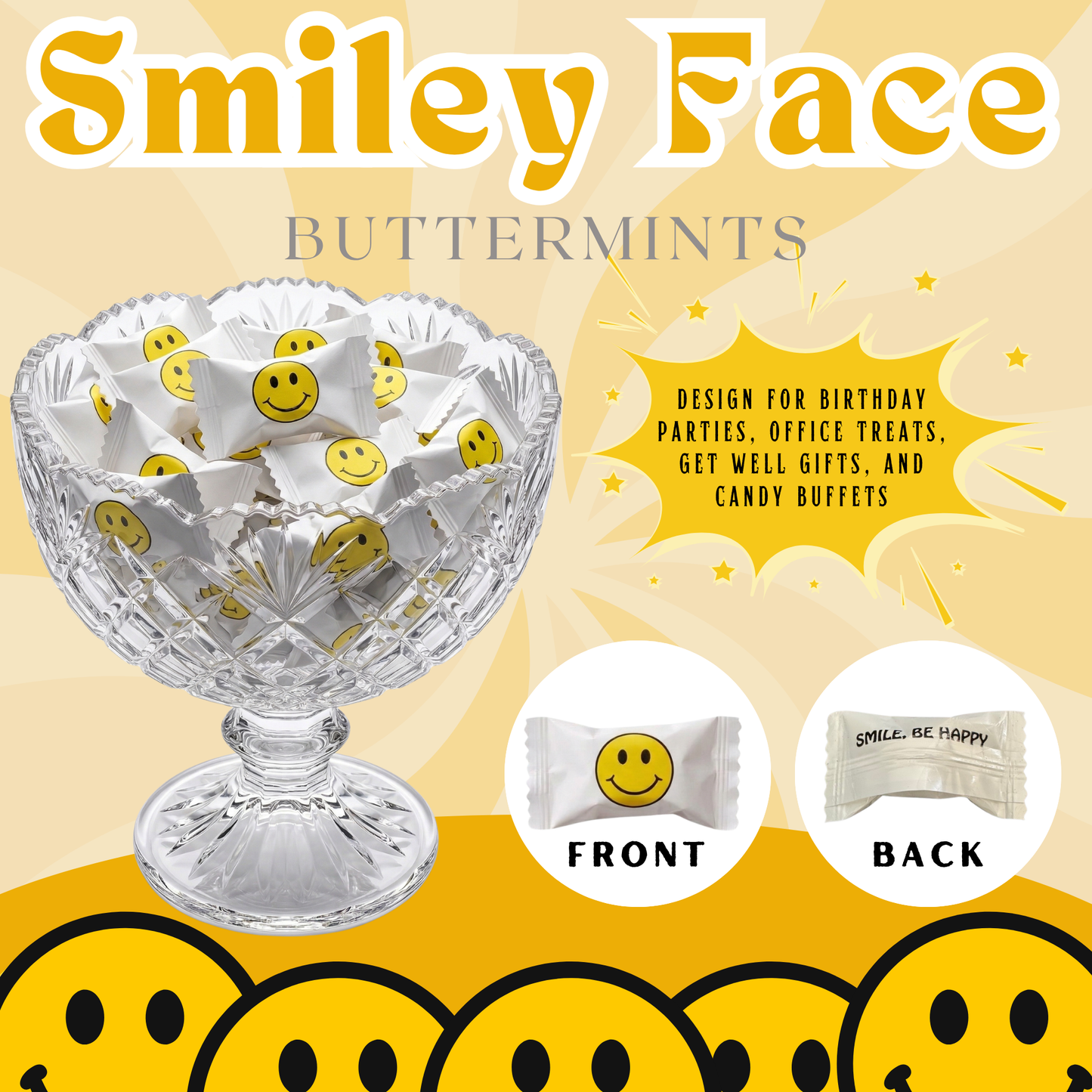 220ct Smiley Face Buttermints – Individually Wrapped Bulk Butter Mints for Birthday Parties, Office Treats, Candy Buffets & Get Well Gifts