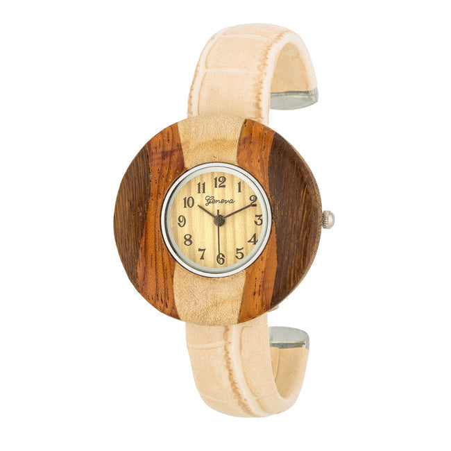 Avera Brenna Wood Inspi Leather Cuff Watch