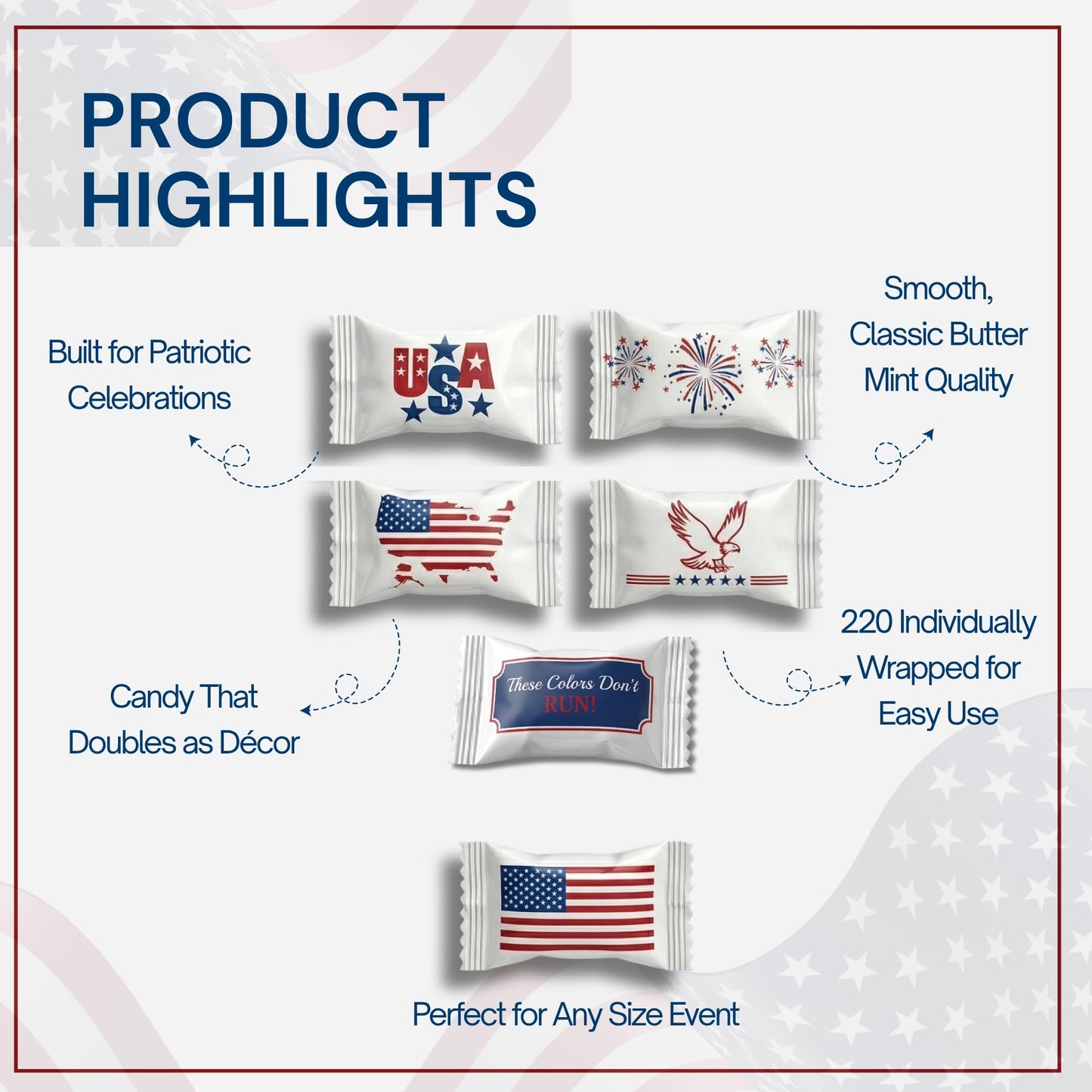 USA Flag Buttermints 220ct | Individually Wrapped Patriotic Butter Mints | American Flag Candy for 4th of July, Memorial Day, Veterans Day & Military Party Favors