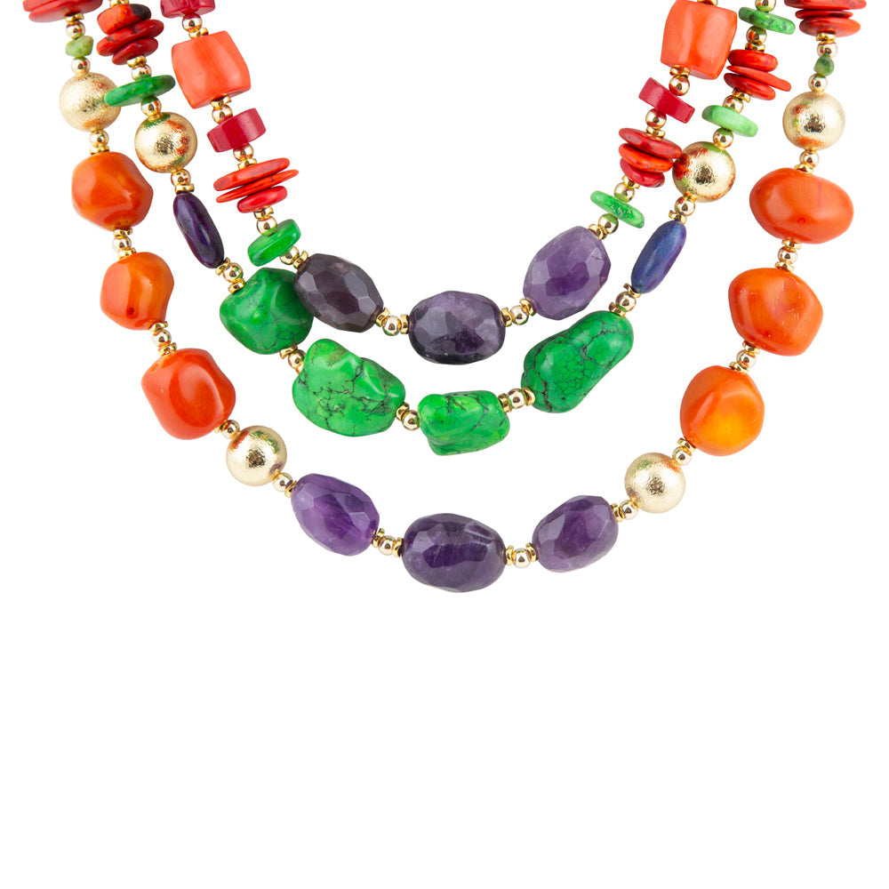 Zion Multi-Color Triple Strand Golden Statement Necklace