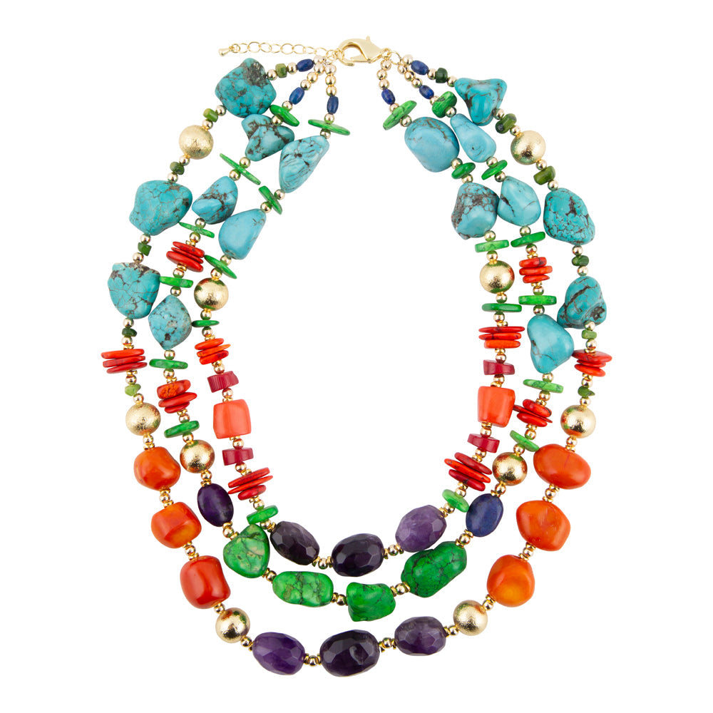 Zion Multi-Color Triple Strand Golden Statement Necklace