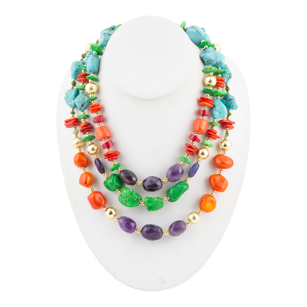 Zion Multi-Color Triple Strand Golden Statement Necklace