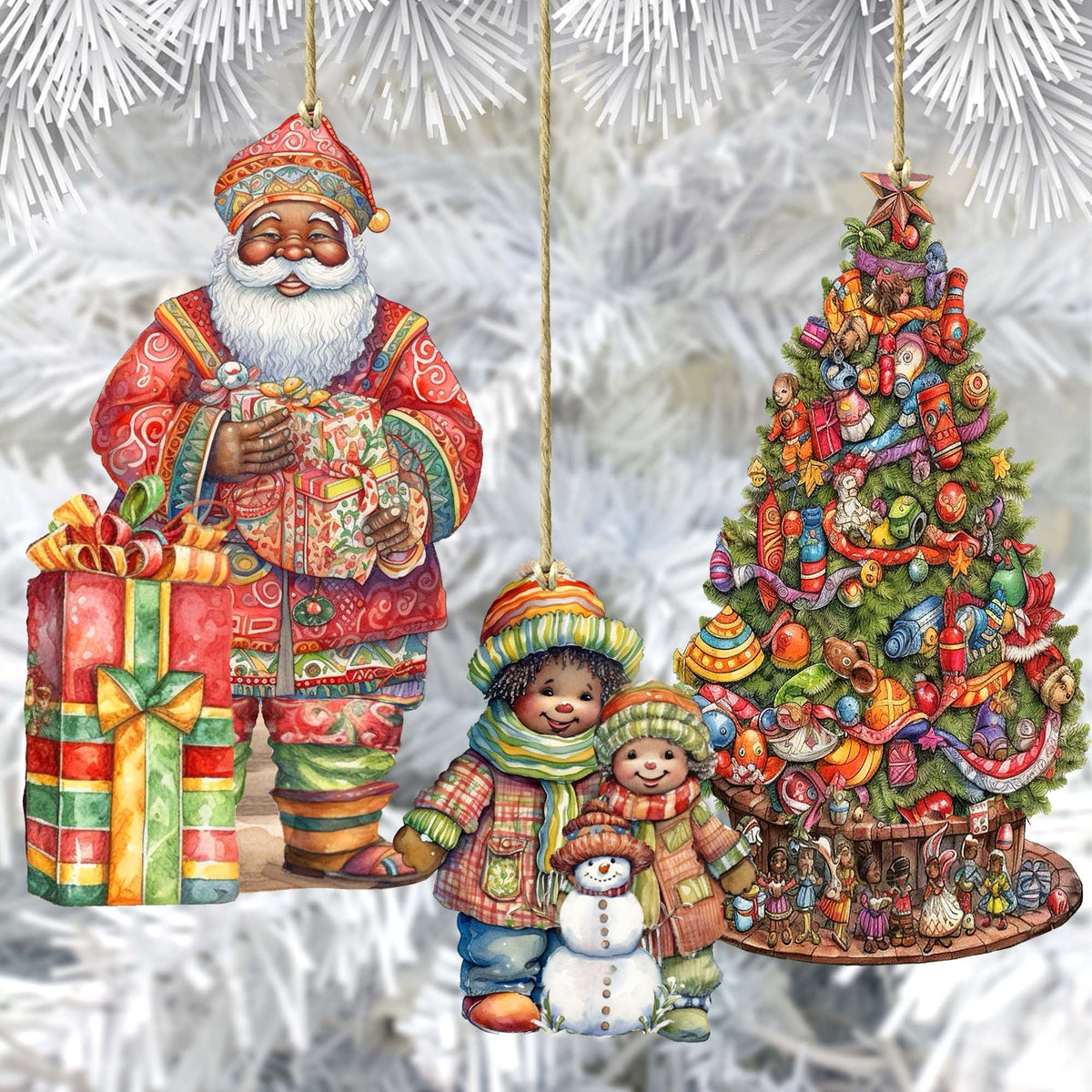 Santas Around the World - African-American Inspired Santa - Eco Wood Ornaments Set of 3 by G. DeBrekht Christmas Santa Snowman Decor - 8091310S3