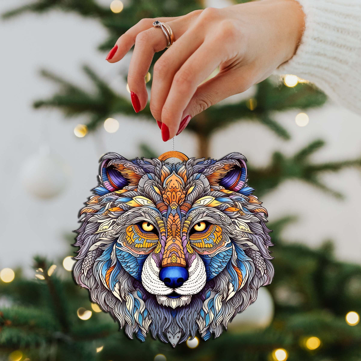 Ornamental Wolf Face Wooden Ornaments by G.Debrekht - Wildlife Holiday Decor - 8710125-2