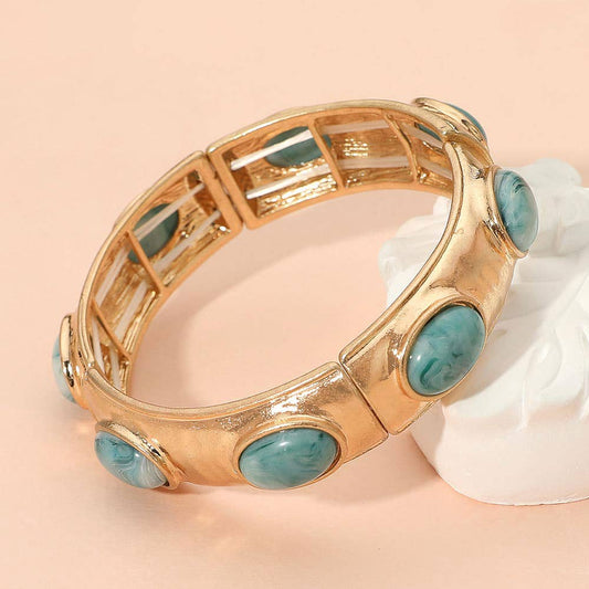Sensibling Marbled Oval Stone Accent Hammered Metal Beaded Stretch Bracelet