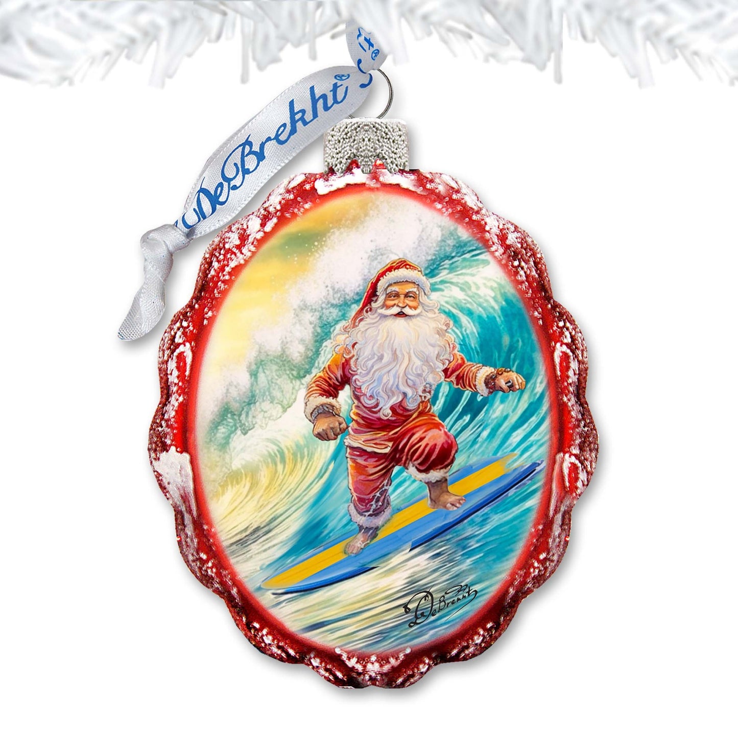 Coastal Christmas Ornaments  Santa on the Surfboard Keepsake Glass Ornaments by G. Debrekht - Coastal Holiday Decor - 777392