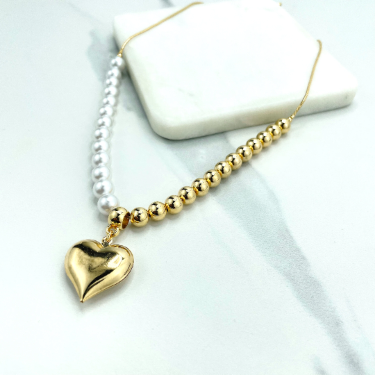 Parure Collier et Bracelet Luxus Accessories en Plaqué Or 18K avec Perles, Billes Dorées et Breloque Cœur Gonflé