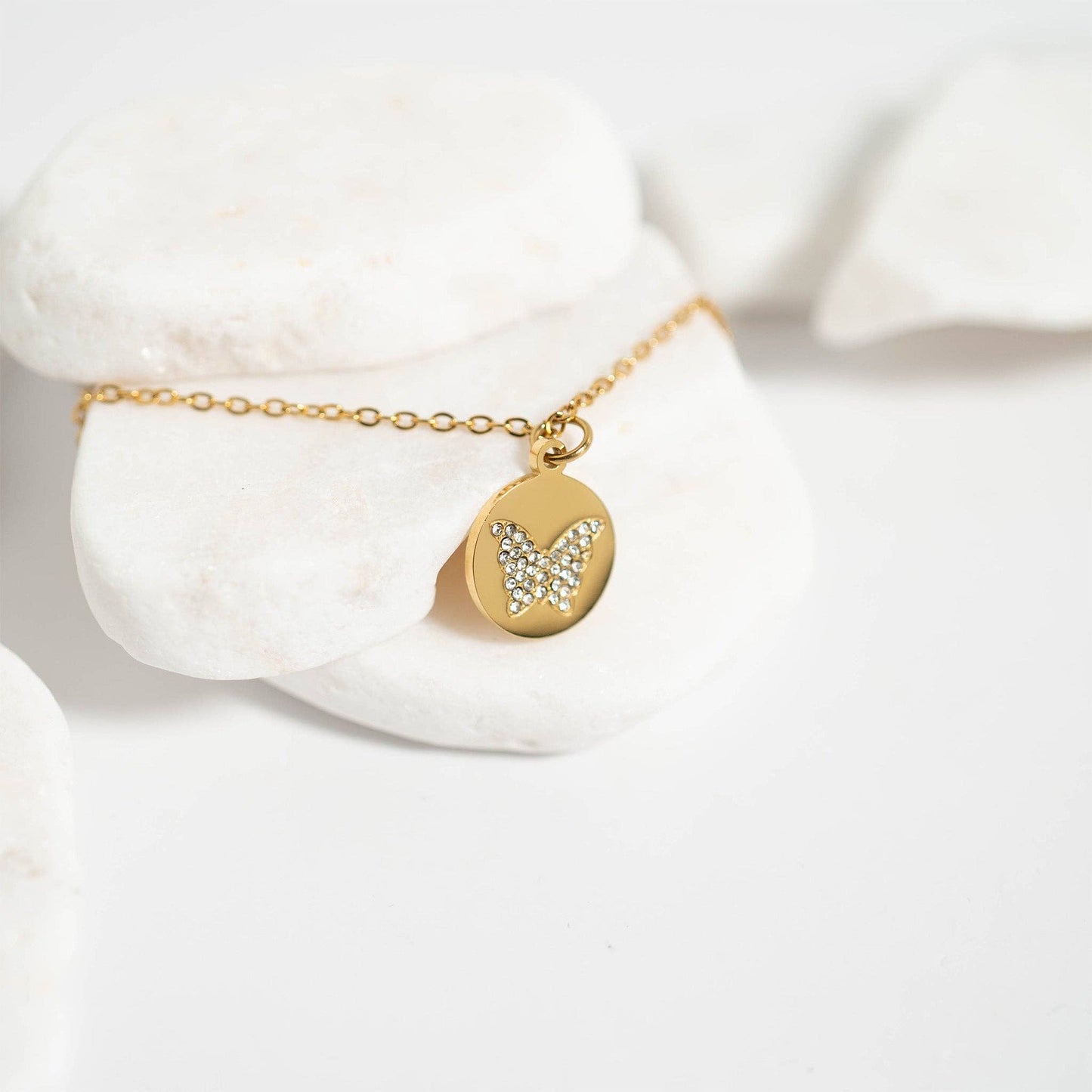 18K Gold PVD Stainless Steel CZ Butterfly Pendant Necklace