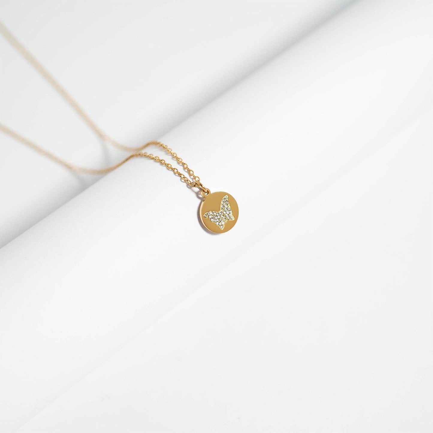 18K Gold PVD Stainless Steel CZ Butterfly Pendant Necklace