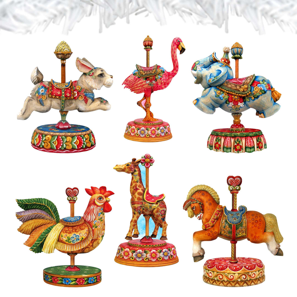 Carousel Clip-On Eco Wood Decorative Ornaments Set of 6 by G. Debrekht - Christmas Decor - 8090137C-S6