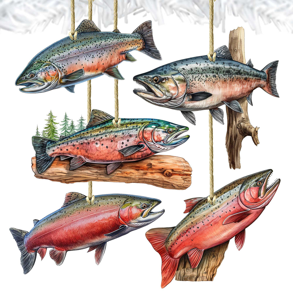 Alaskan Salmon Eco Wood Ornaments Set of 5 by G. Debrekht - Wildlife Holiday Decor - 8091322S5