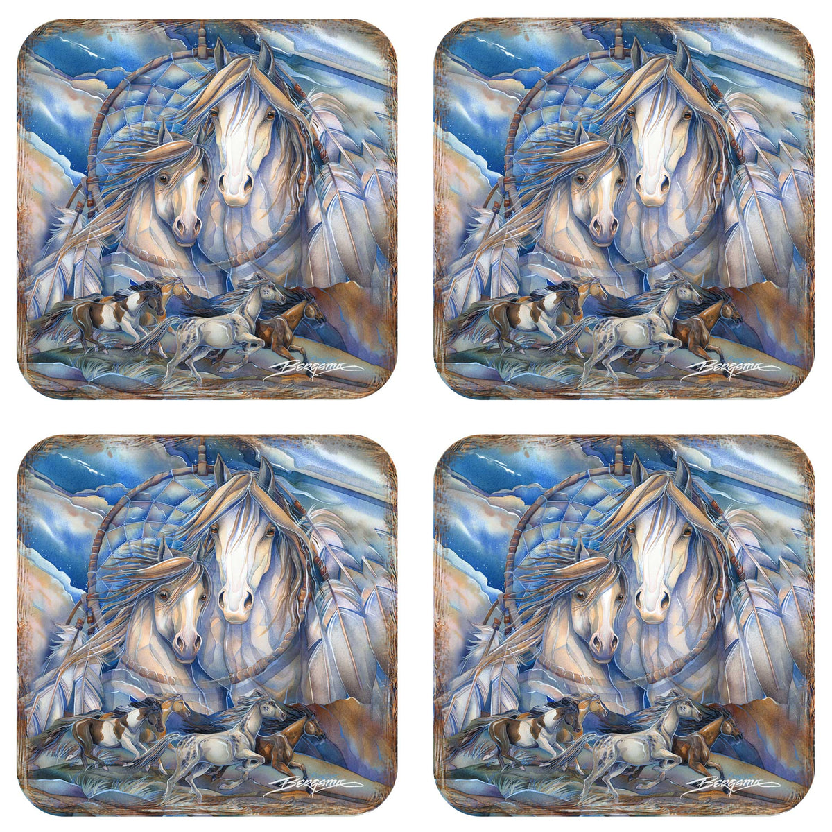 Mustangs Dream Catcher Wooden Cork Coasters Gift Set of 4 by J. Bergsma - Wildlife Decor  - 8199469C-S4