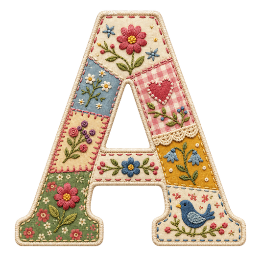 Patchwork Floral Alphabet PNG Bundle – Embroidered Cottagecore Letter Digital Download Set