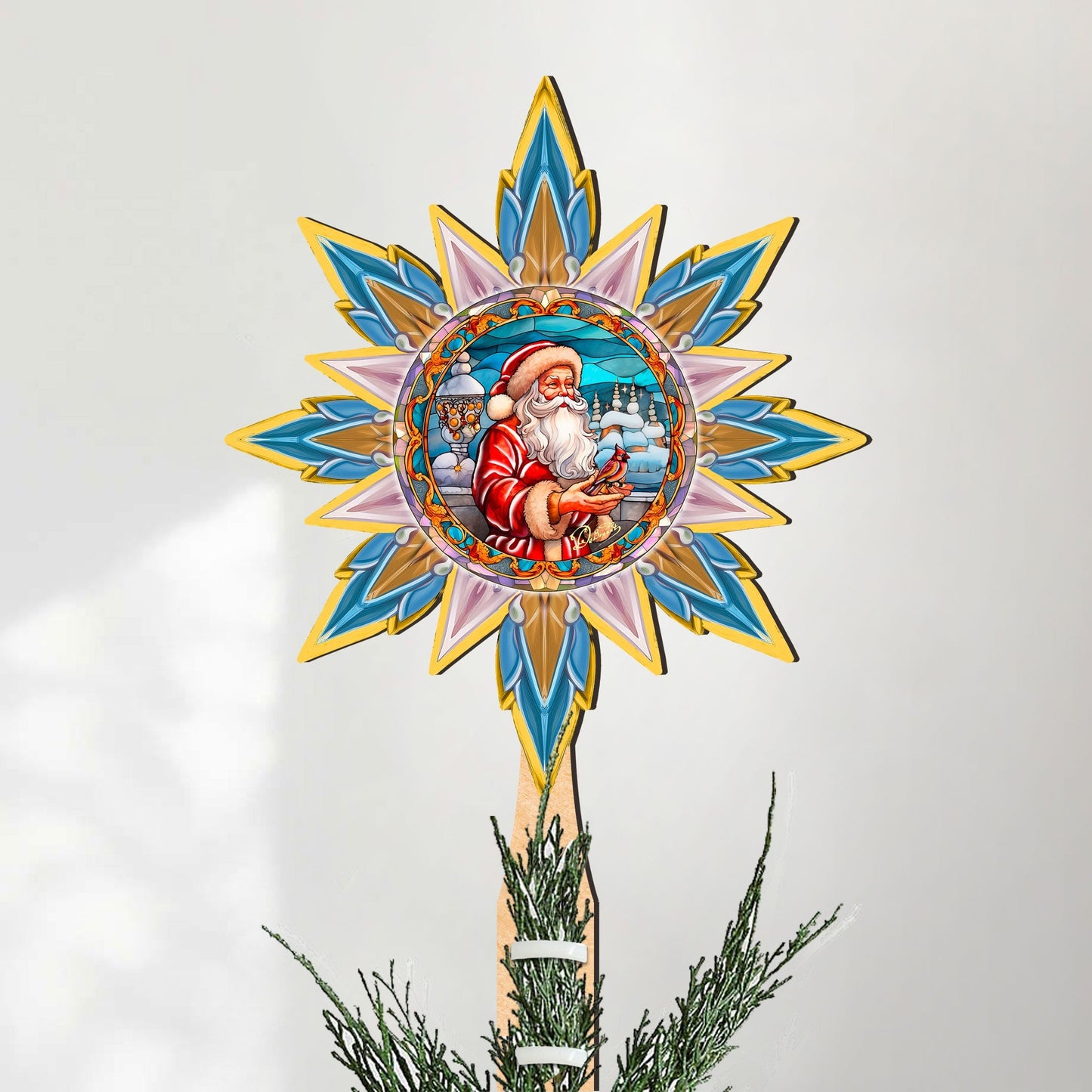 Santa with Cardinal Star Tree Topper Wooden Decor by G. Debrekht - Santa Snowman Decor - 89507