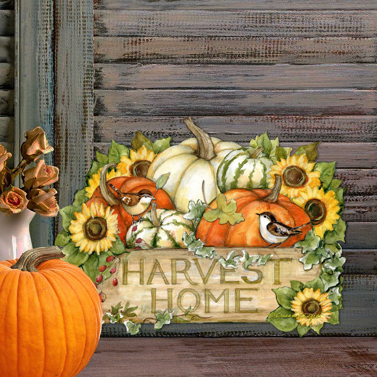 Harvest Welcome Sign - Fall Decoration Cornucopia Door Decor Handmade Gift by Susan Winget Autumn Porch Decor - 8471210H-SW