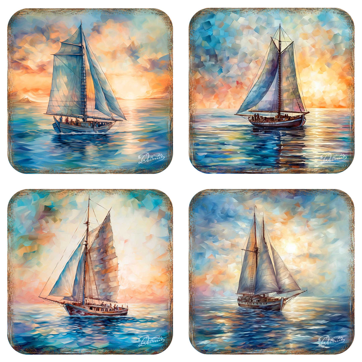 Sail Boats Wooden Cork Coasters Gift Set of 4 by G. Debrekht - Coastal Holiday Decor  - 8199450-2C-S4